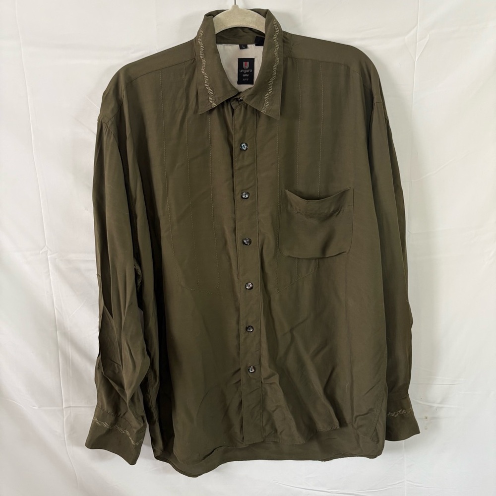 Emanuel Ungaro olive green men’s shirt button up collar long sleeve large uomo